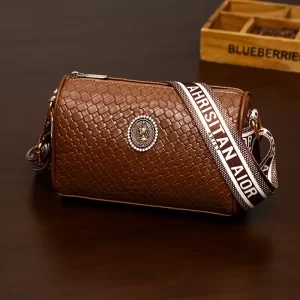 Textured Cylindrical Brown Sling Bag-with Wide Strap